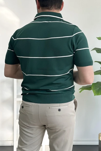 Erkek Açık Yaka Yan Çizgili Tişört Koyu Yeşil Edw259 - Resim 4