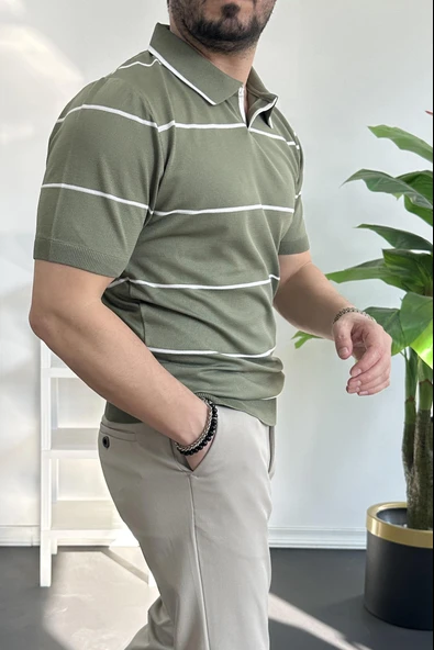 Erkek Açık Yaka Yan Çizgili Tişört Yeşil Edw259 - Resim 3