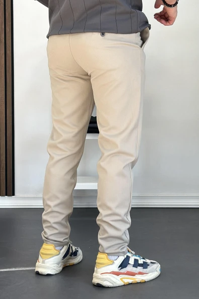 Erkek Beli Düğmeli Dar Paça Jogger Pantolon Bej Edw224 - 2