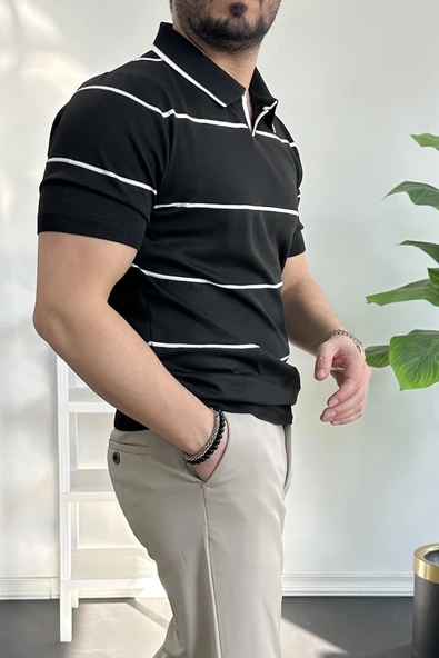 Erkek Açık Yaka Yan Çizgili Tişört Siyah Edw259 - Resim 3