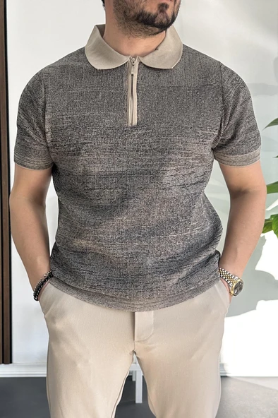 Erkek Polo Yaka Fermuarlı Renk Desenli Tişört Vizon Edw263