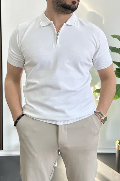Erkek Polo Yaka Polo Yaka Fermuarlı Düz Tişört Beyaz Edw261 ürün görseli