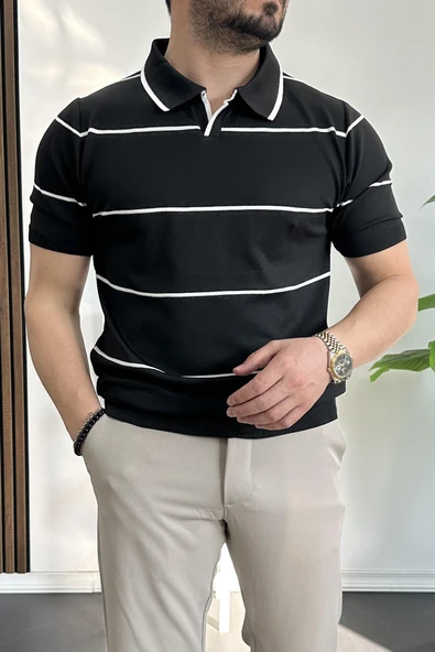 Erkek Açık Yaka Yan Çizgili Tişört Siyah Edw259 - Resim 2