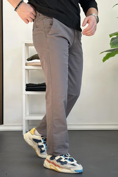 Erkek Pamuklu Chino Pantolon Standart Kalıp Gri Edw225 - 2