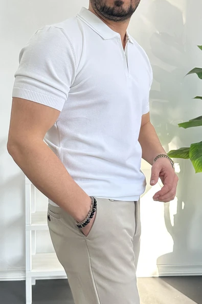Erkek Polo Yaka Polo Yaka Fermuarlı Düz Tişört Beyaz Edw261 - Resim 3