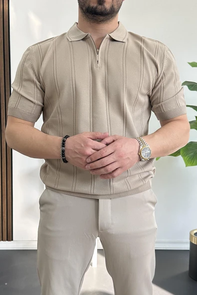 Erkek Polo Yaka Fermuarlı Desenli Tişört Vizon Edw262 - 2