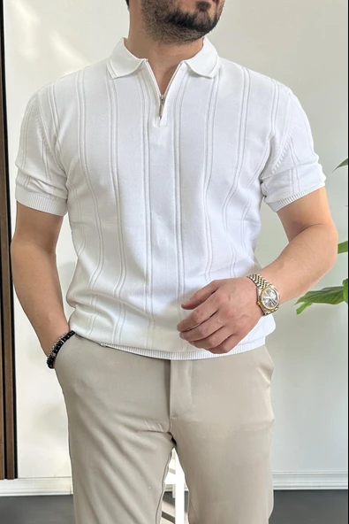 Erkek Polo Yaka Fermuarlı Desenli Tişört Beyaz Edw262 - Resim 2