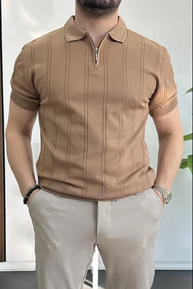 Erkek Polo Yaka Fermuarlı Desenli Tişört Kahverengi Edw262 ürün görseli