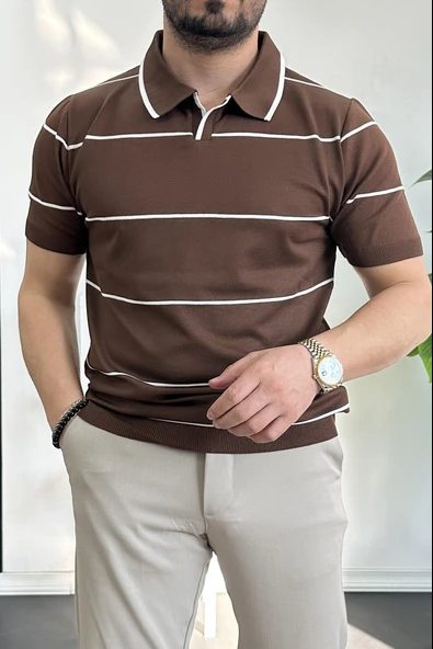 Erkek Açık Yaka Yan Çizgili Tişört Kahverengi Edw259 - Resim 2
