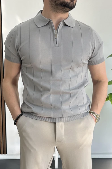 Erkek Yarım Fermuarlı Polo Yaka Tişört Gri Edw257 ürün görseli