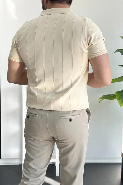 Erkek Yarım Fermuarlı Polo Yaka Tişört Krem Edw257 - 4