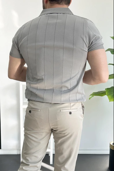 Erkek Yarım Fermuarlı Polo Yaka Tişört Gri Edw257 - Resim 4