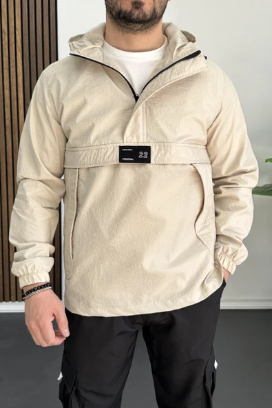 Erkek Slim Fit Krinkıl Kumaş Kanguru Cepli Yarım Fermuarlı Mevsimlik Mont Krem Edw077