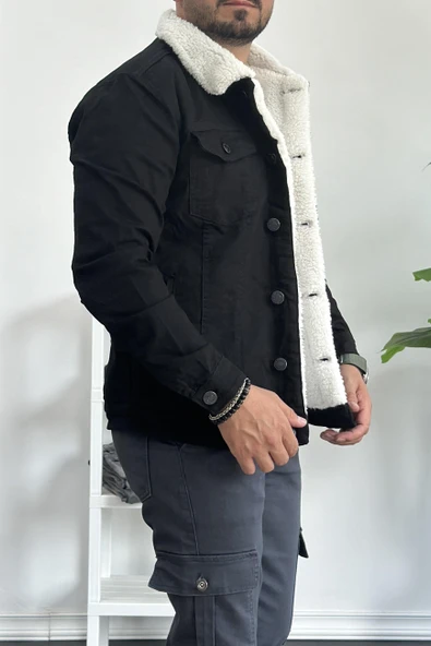 Erkek Slim Fit Cepli İçi Kürklü Düğmeli Kot Ceket Siyah PR113 - 4