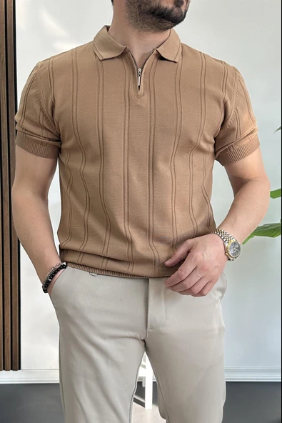 Erkek Polo Yaka Fermuarlı Desenli Tişört Kahverengi Edw262 - Resim 2