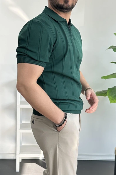 Erkek Polo Yaka Fermuarlı Desenli Tişört Koyu Yeşil Edw262 - 3