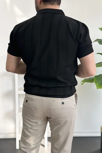 Erkek Polo Yaka Fermuarlı Desenli Tişört Siyah Edw262 - 4