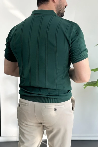 Erkek Polo Yaka Fermuarlı Desenli Tişört Koyu Yeşil Edw262 - 4