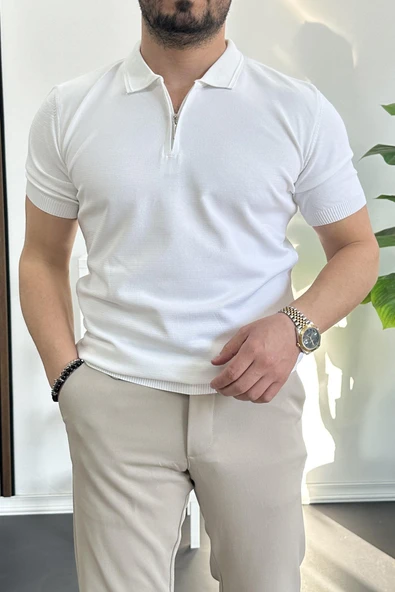Erkek Polo Yaka Polo Yaka Fermuarlı Düz Tişört Beyaz Edw261 - Resim 2