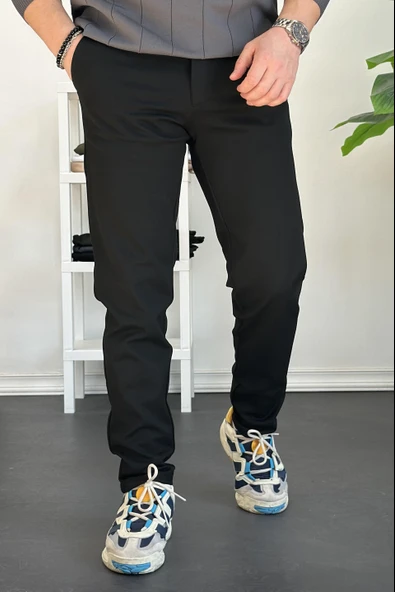 Erkek Beli Düğmeli Dar Paça Jogger Pantolon Siyah Edw224 ürün görseli