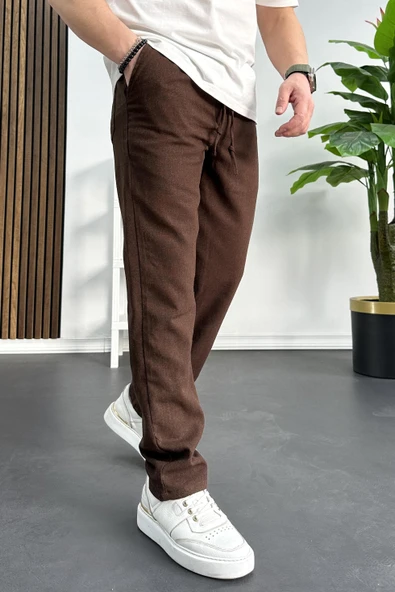 Erkek Rahat Kesim Keten Pantolon Kahverengi Edw138 - Resim 2