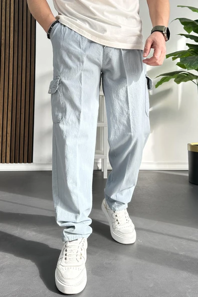 Erkek Baggy Kalıp Kargo Cepli Pantolon Açık Mavi Edw131 - Resim 2