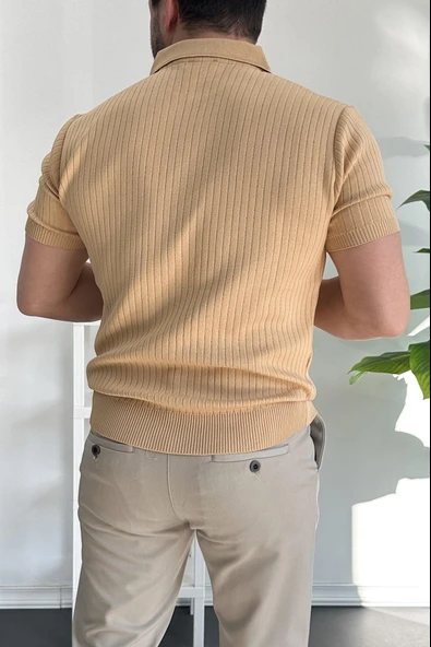 Erkek Açık Yaka Çizgili Desenli Tişört Sarı Edw258 - 4