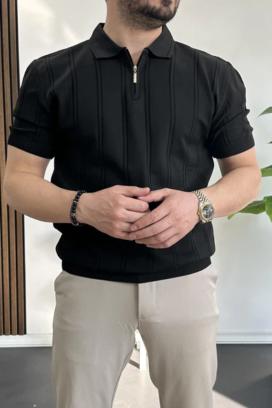 Erkek Polo Yaka Fermuarlı Desenli Tişört Siyah Edw262 - 2