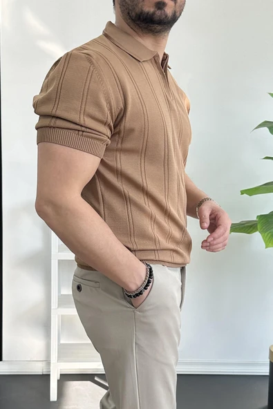 Erkek Polo Yaka Fermuarlı Desenli Tişört Kahverengi Edw262 - Resim 3