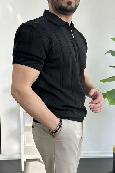 Erkek Polo Yaka Fermuarlı Desenli Tişört Siyah Edw262 - 3