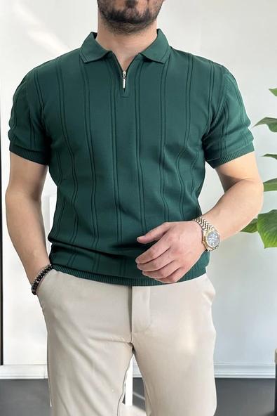 Erkek Polo Yaka Fermuarlı Desenli Tişört Koyu Yeşil Edw262 - 2