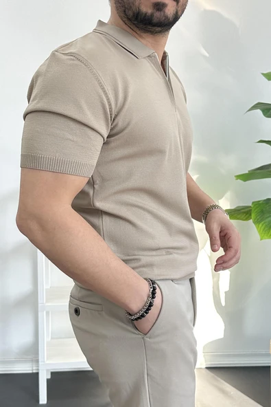 Erkek Polo Yaka Polo Yaka Fermuarlı Düz Tişört Vizon Edw261 - Resim 3