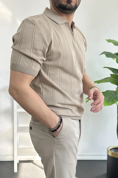 Erkek Polo Yaka Fermuarlı Desenli Tişört Vizon Edw262 - 3