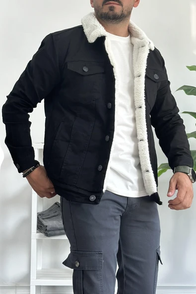 Erkek Slim Fit Cepli İçi Kürklü Düğmeli Kot Ceket Siyah PR113 - 2