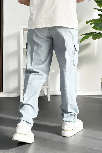 Erkek Baggy Kalıp Kargo Cepli Pantolon Açık Mavi Edw131 - Resim 3