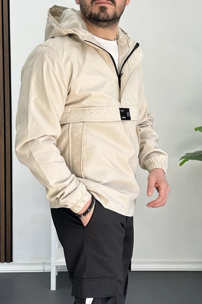 Erkek Slim Fit Krinkıl Kumaş Kanguru Cepli Yarım Fermuarlı Mevsimlik Mont Krem Edw077 - 3