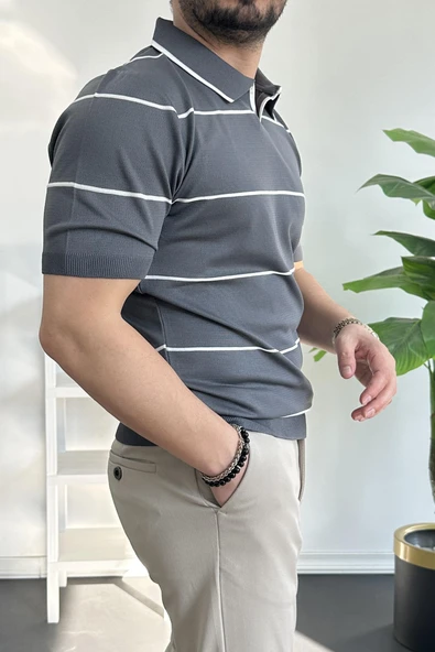 Erkek Açık Yaka Yan Çizgili Tişört Füme Edw259 - Resim 3