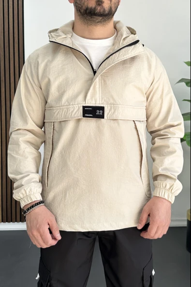 Erkek Slim Fit Krinkıl Kumaş Kanguru Cepli Yarım Fermuarlı Mevsimlik Mont Krem Edw077 - 2