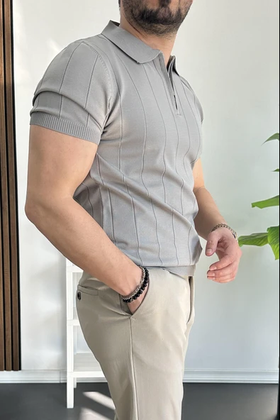 Erkek Yarım Fermuarlı Polo Yaka Tişört Gri Edw257 - Resim 3