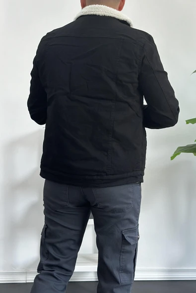 Erkek Slim Fit Cepli İçi Kürklü Düğmeli Kot Ceket Siyah PR113 - 5