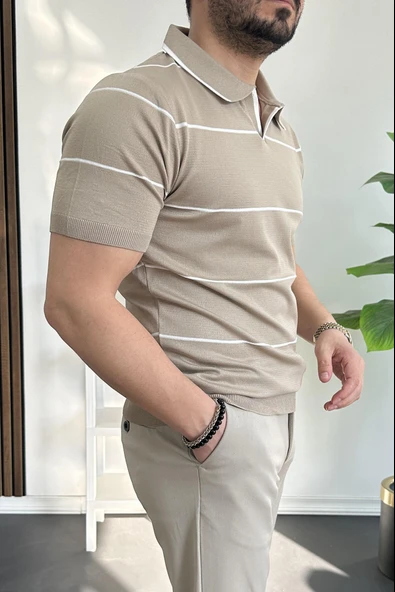 Erkek Açık Yaka Yan Çizgili Tişört Vizon Edw259 - Resim 3