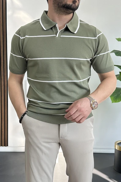 Erkek Açık Yaka Yan Çizgili Tişört Yeşil Edw259 - Resim 2