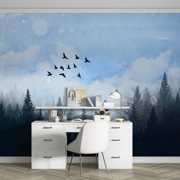 Suluboya Orman Kuş Manzara Duvar Kağıdı - Resim 4