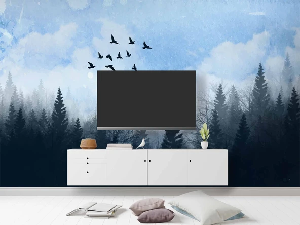 Suluboya Orman Kuş Manzara Duvar Kağıdı - Resim 3