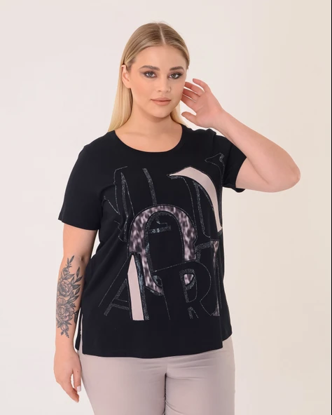 Vedi Büyük Beden Yuvarlak Yaka Kısa Kollu Yazı Detaylı Kadın T-Shirt 25YXD5015