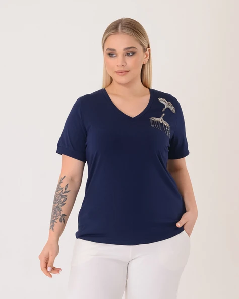 Vedi Büyük Beden V Yaka Kısa Kollu Taş Detaylı Kadın T-Shirt 25YXD5017 ürün görseli 1