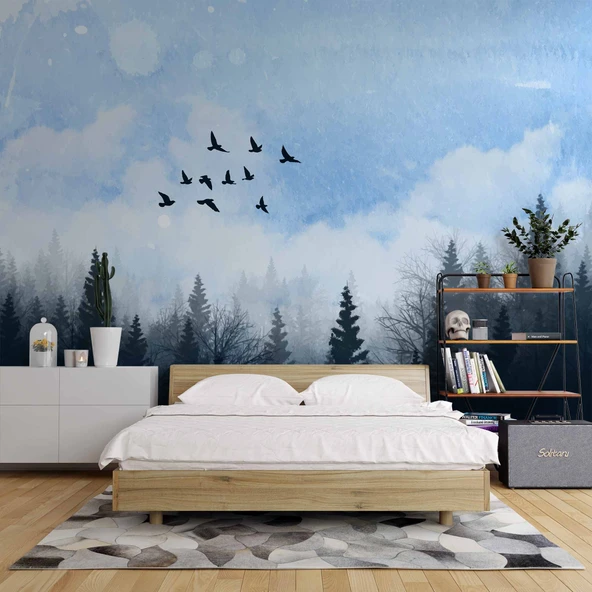 Suluboya Orman Kuş Manzara Duvar Kağıdı - Resim 2