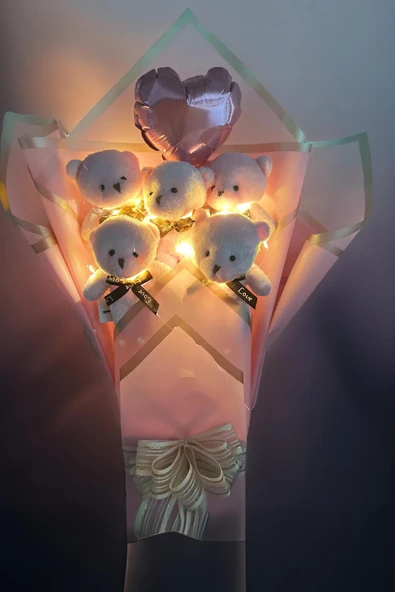 Sole Sevgiliye Led ıŞIKLI Özel Pembe Konsept Balonlu Romantik Peluş Ayıcık Buketi - 3