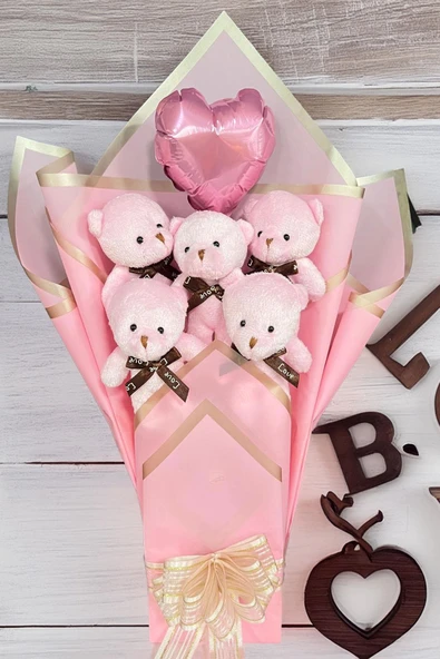 Sole Sevgiliye Özel Pembe Konsept Balonlu Romantik Peluş Ayıcık Buketi - 5