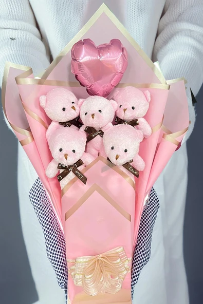 Sole Sevgiliye Özel Pembe Konsept Balonlu Romantik Peluş Ayıcık Buketi - 6